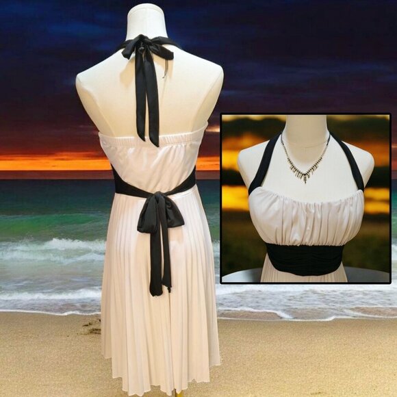 Speechless ✦ White & Black Halter Pleated Dress ✦ Formal Midi w/ Ruched Waist L - Picture 2 of 12